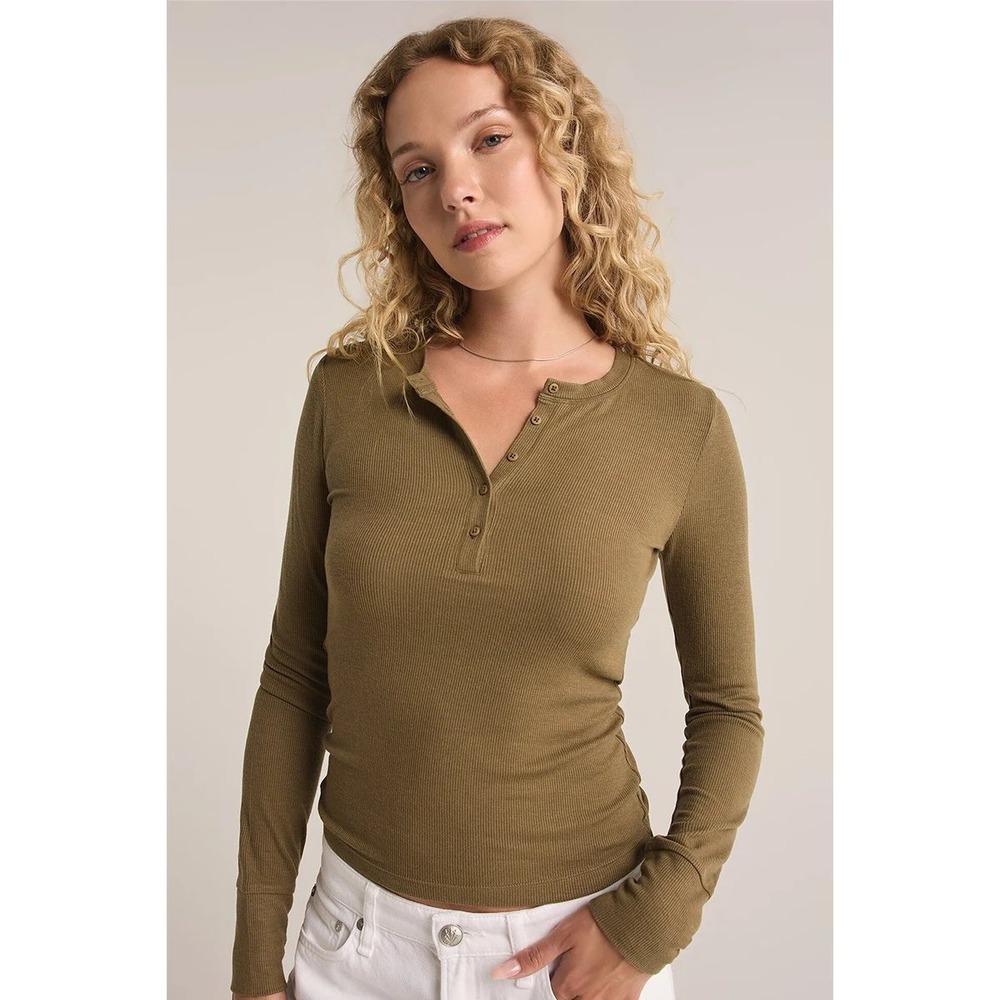 Z Supply Scarlett Ribbed Henley Long Sleeve Top Olive Green XL Womens Martini